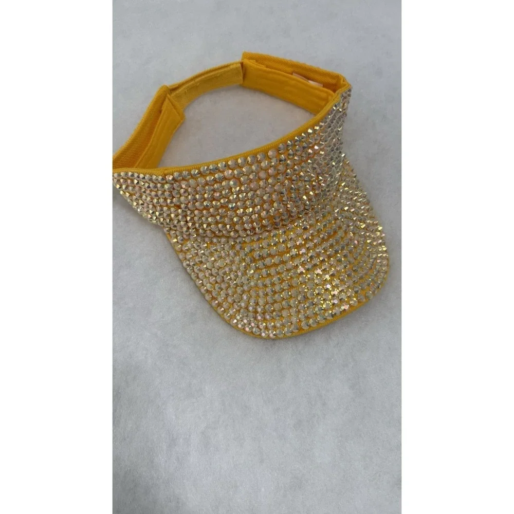 Women's Rhinestone Bling Sun Visor Hat Yellow & Pink Sparkly Adjustable